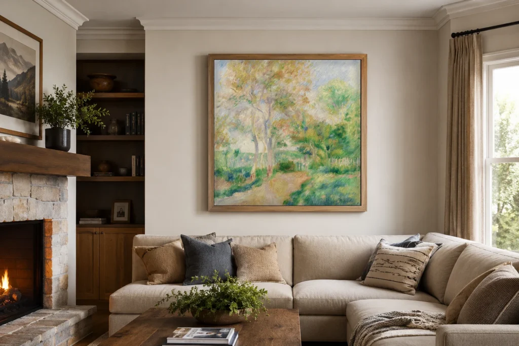 Framed print of Autumn Landscape (Paysage d’automne) hanging on a wall in a furnished room