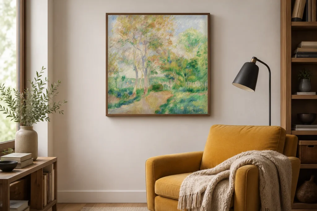 Framed print of Autumn Landscape (Paysage d’automne) hanging on a wall in a furnished room
