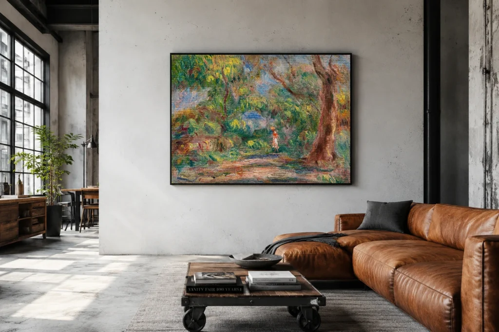 Framed print of Landscape, Farm Lane with Woman in Red and White hanging on a wall in a furnished room