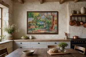 Framed print of Landscape, Farm Lane with Woman in Red and White hanging on a wall in a furnished room