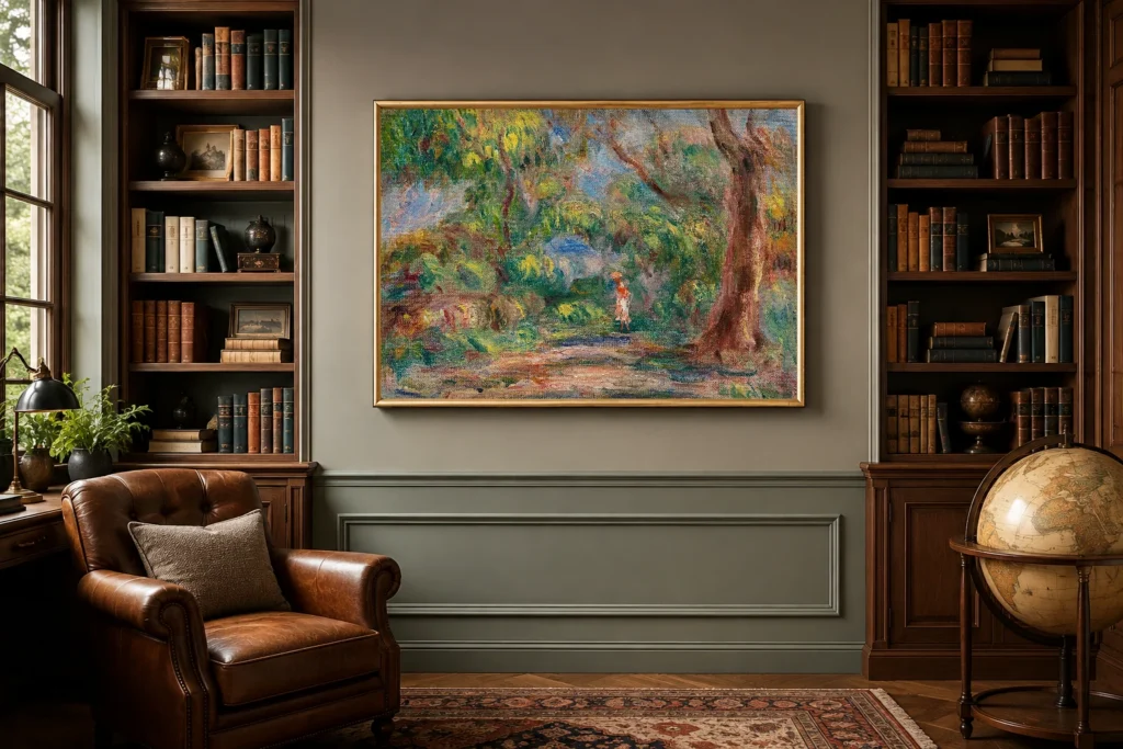 Framed print of Landscape, Farm Lane with Woman in Red and White hanging on a wall in a furnished room