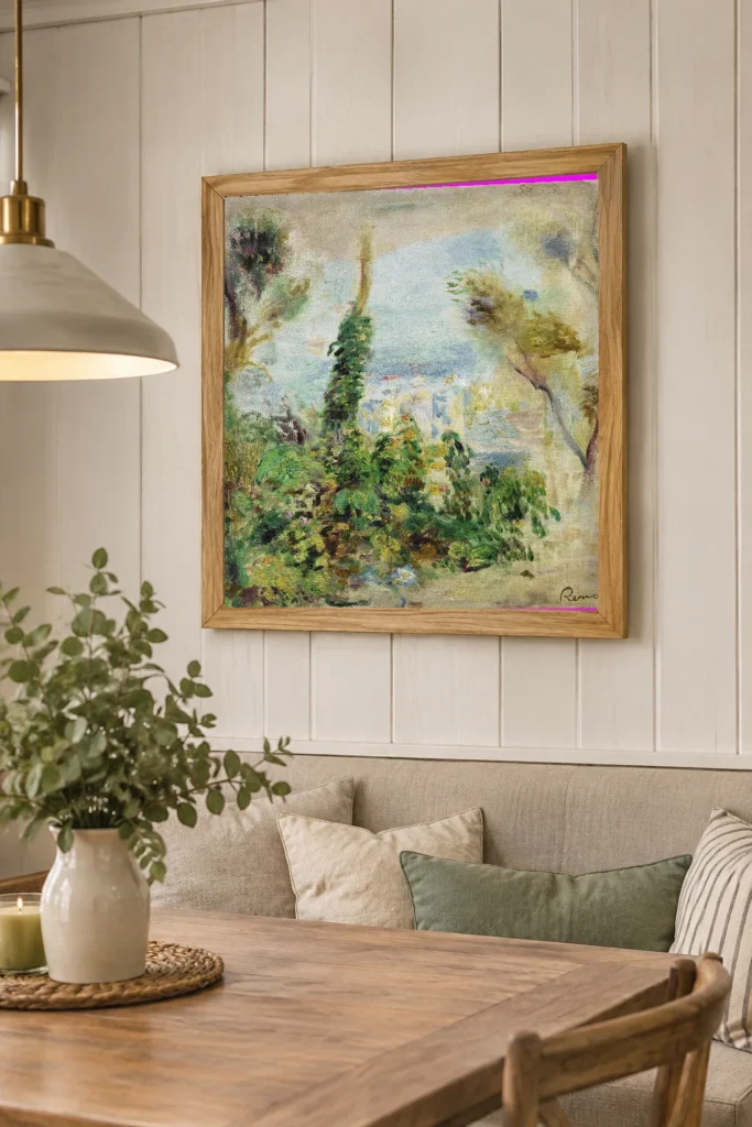 Framed print of Landscape, Foreground Climbing Flowers, Background Houses hanging on a wall in a furnished room