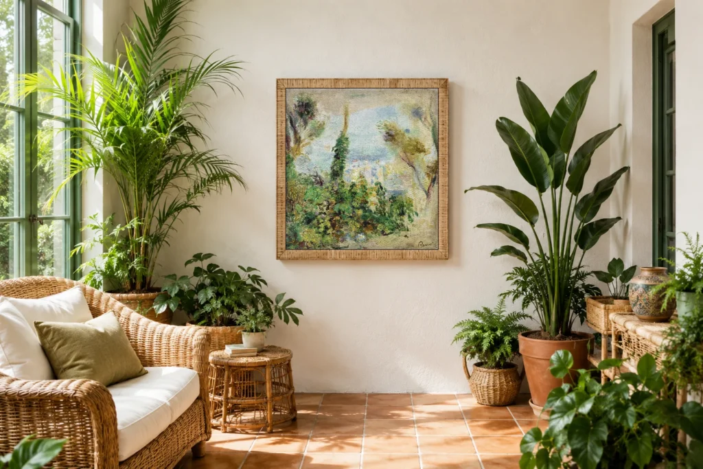 Framed print of Landscape, Foreground Climbing Flowers, Background Houses hanging on a wall in a furnished room