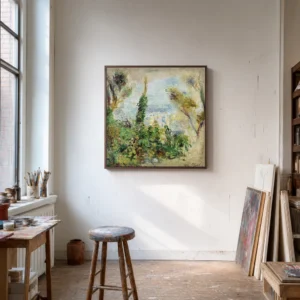 Framed print of Landscape, Foreground Climbing Flowers, Background Houses hanging on a wall in a furnished room