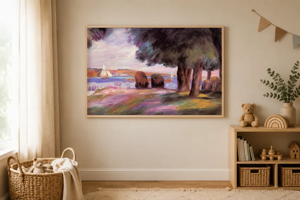Framed print of Landscape, Two Sailboats hanging on a wall in a furnished room