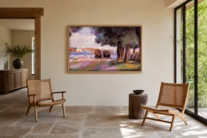 Framed print of Landscape, Two Sailboats hanging on a wall in a furnished room