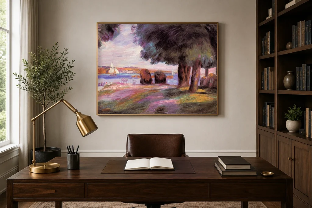 Framed print of Landscape, Two Sailboats hanging on a wall in a furnished room