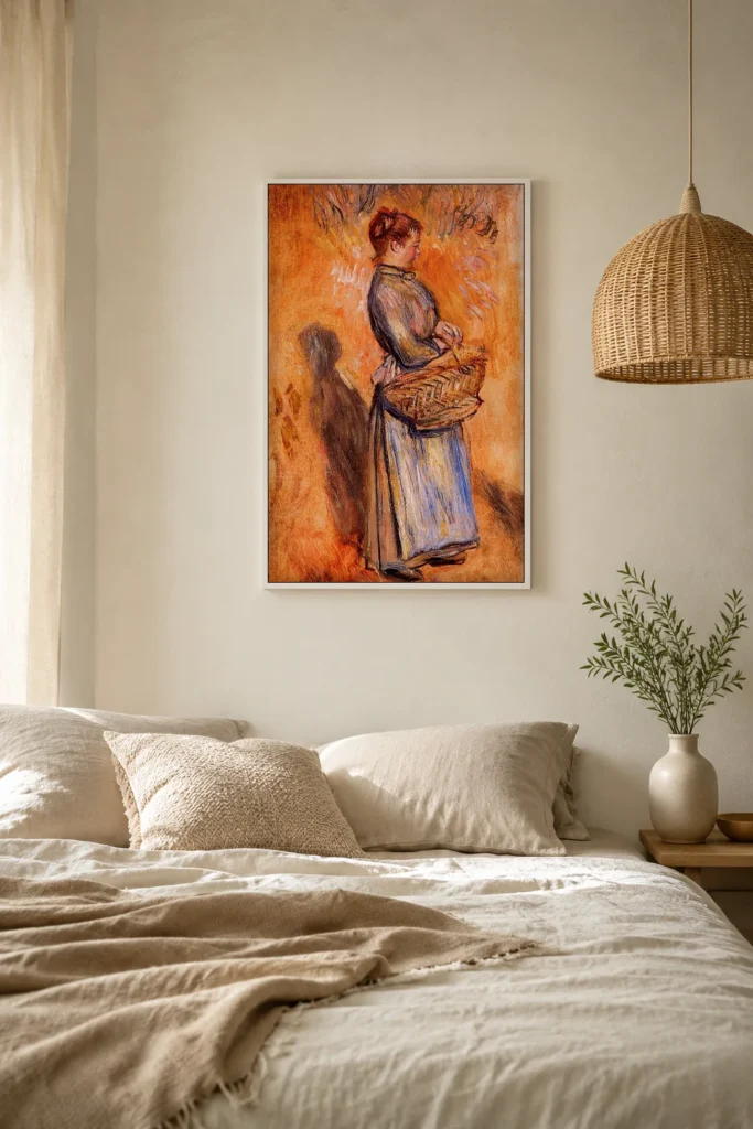 Framed print of Peasant Woman Standing in a Landscape hanging on a wall in a furnished room