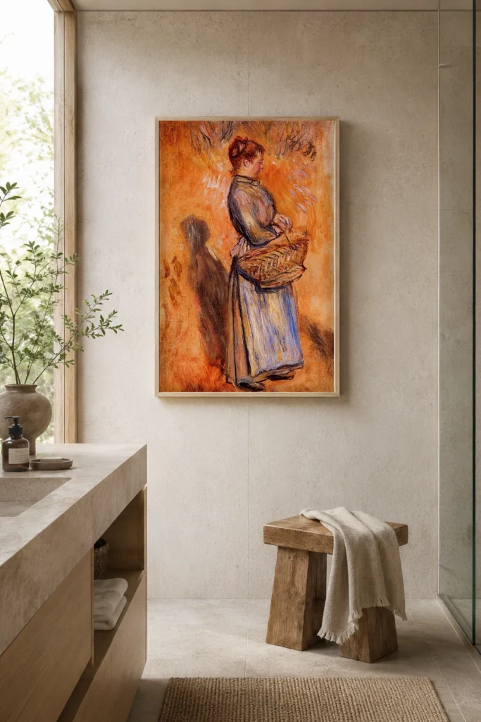 Framed print of Peasant Woman Standing in a Landscape hanging on a wall in a furnished room