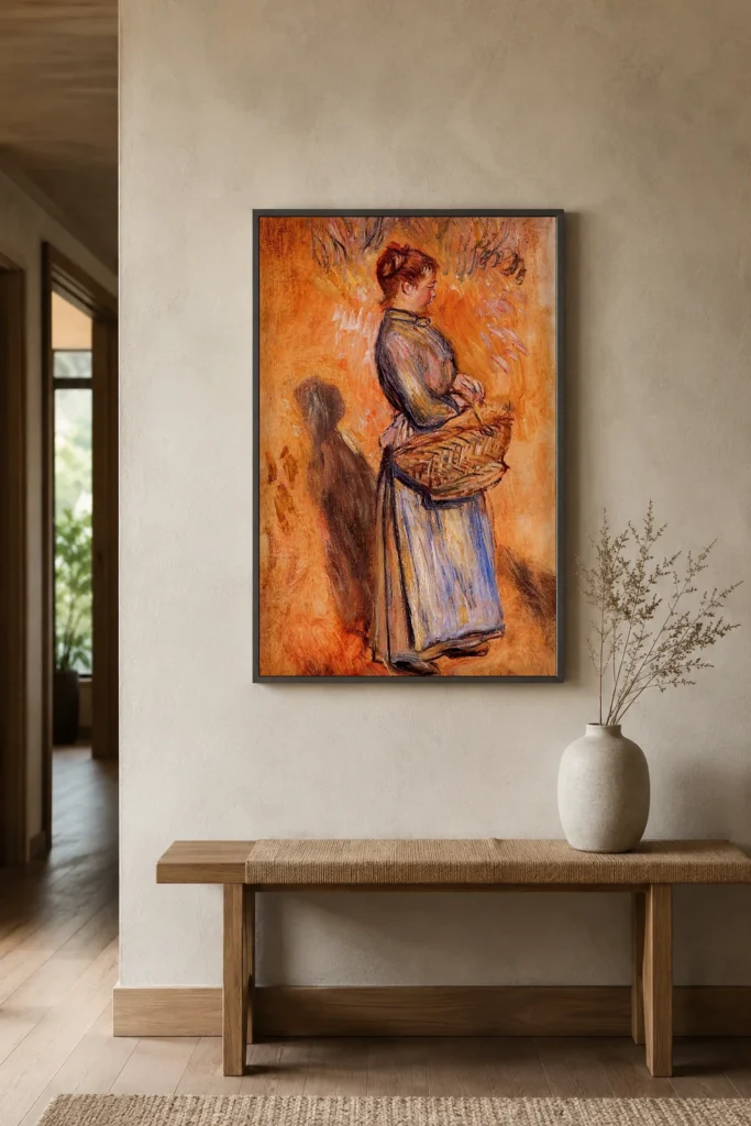 Framed print of Peasant Woman Standing in a Landscape hanging on a wall in a furnished room