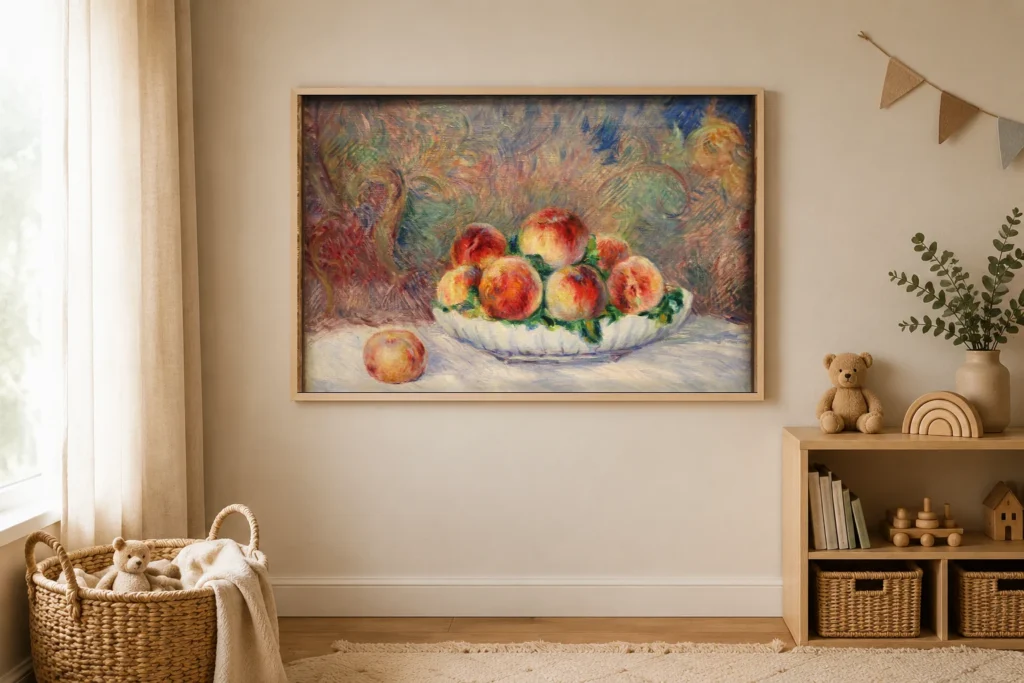 Framed print of Peaches hanging on a wall in a furnished room
