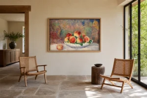 Framed print of Peaches hanging on a wall in a furnished room