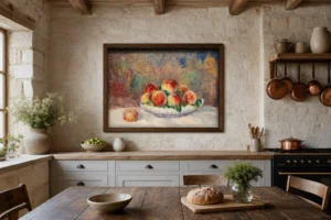Framed print of Peaches hanging on a wall in a furnished room