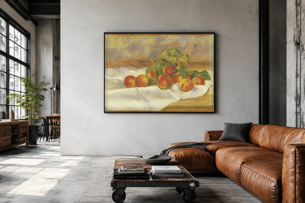 Framed print of Peaches (Les Pêches) hanging on a wall in a furnished room