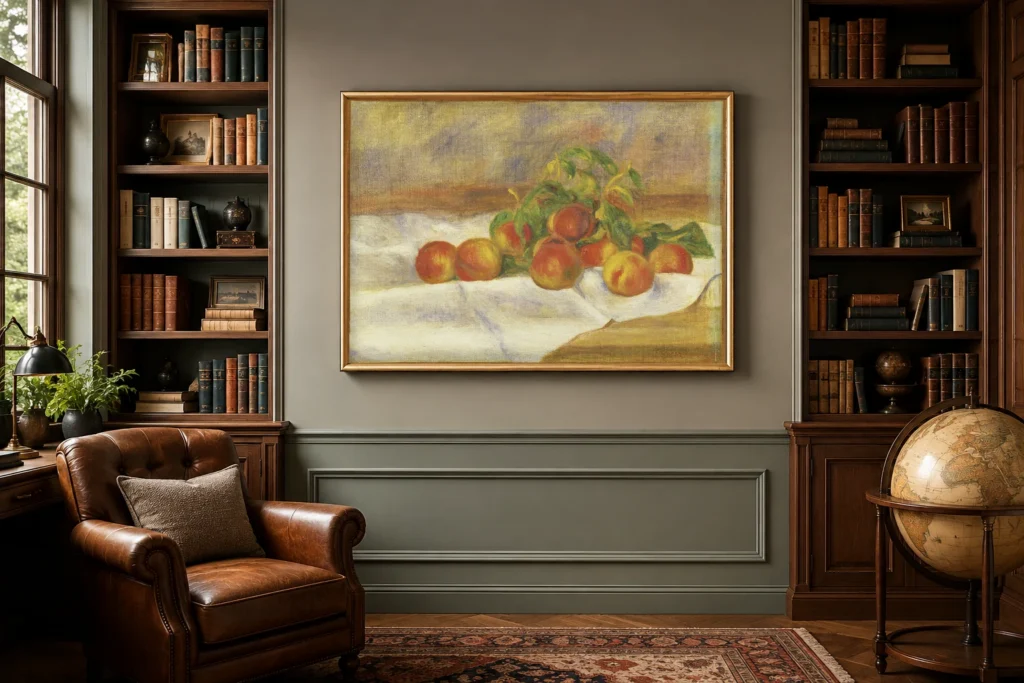 Framed print of Peaches (Les Pêches) hanging on a wall in a furnished room