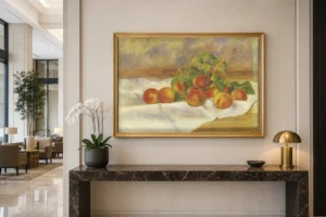 Framed print of Peaches (Les Pêches) hanging on a wall in a furnished room