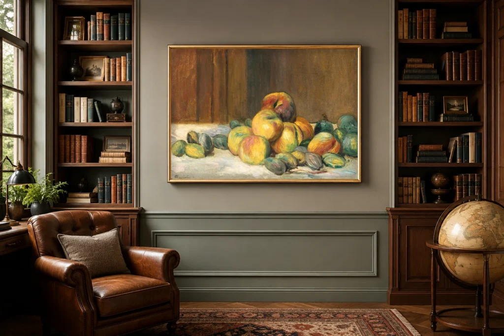 Framed print of Peaches and Almonds hanging on a wall in a furnished room