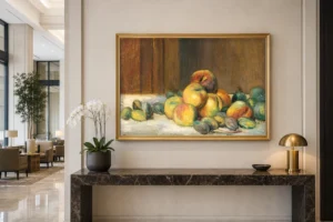 Framed print of Peaches and Almonds hanging on a wall in a furnished room