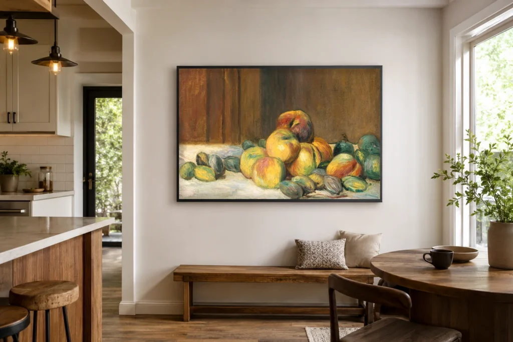 Framed print of Peaches and Almonds hanging on a wall in a furnished room