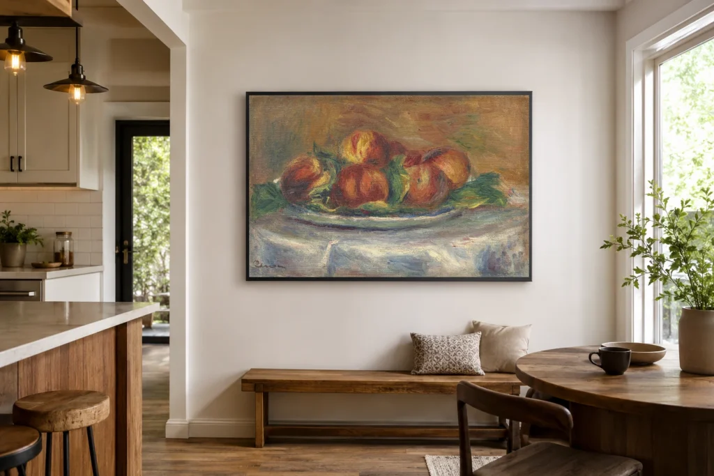 Framed print of Peaches on a Plate hanging on a wall in a furnished room