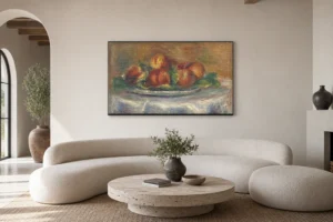 Framed print of Peaches on a Plate hanging on a wall in a furnished room