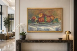 Framed print of Peaches on a Plate hanging on a wall in a furnished room