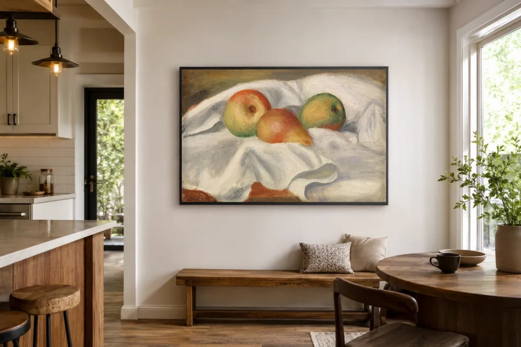 Framed print of Pears (Poires) hanging on a wall in a furnished room