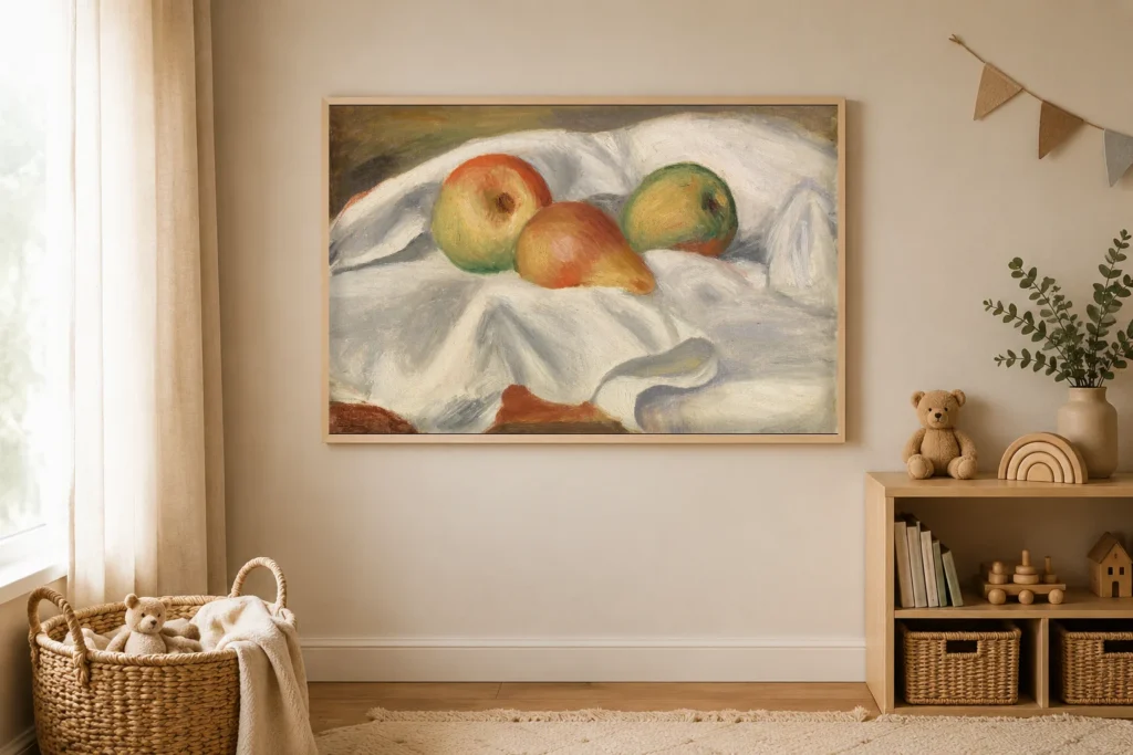 Framed print of Pears (Poires) hanging on a wall in a furnished room