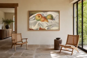 Framed print of Pears (Poires) hanging on a wall in a furnished room