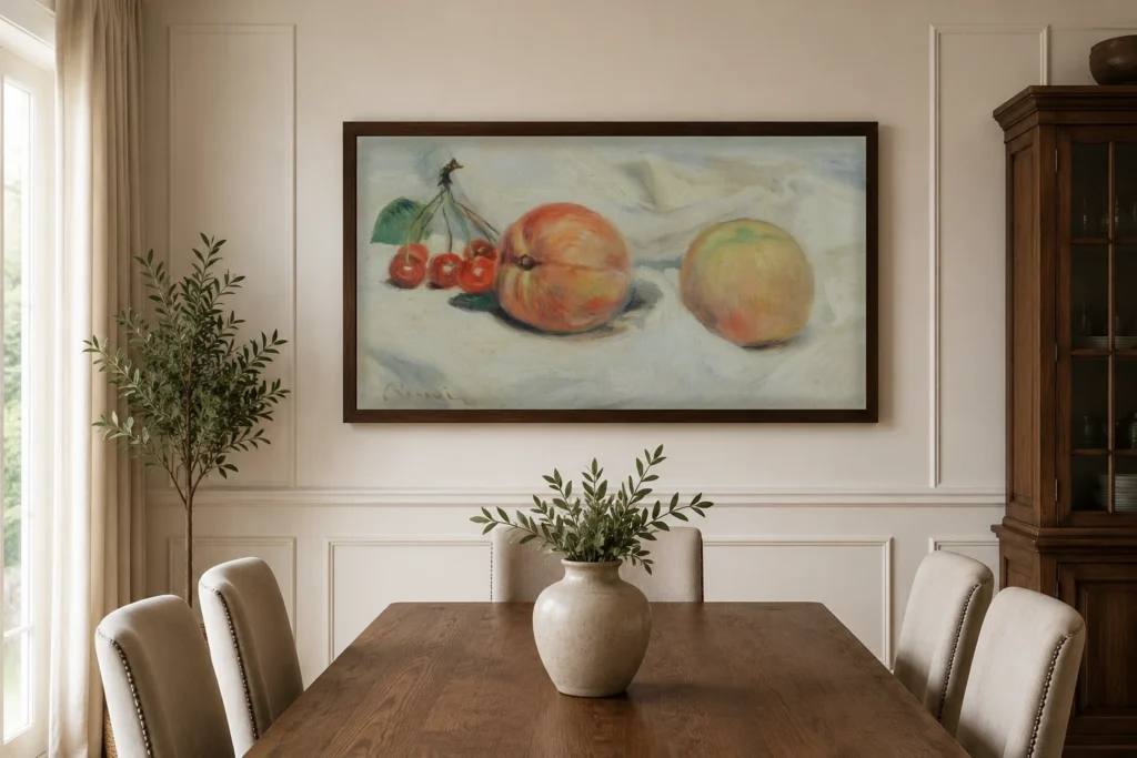 Framed print of Peaches and Cherries hanging on a wall in a furnished room
