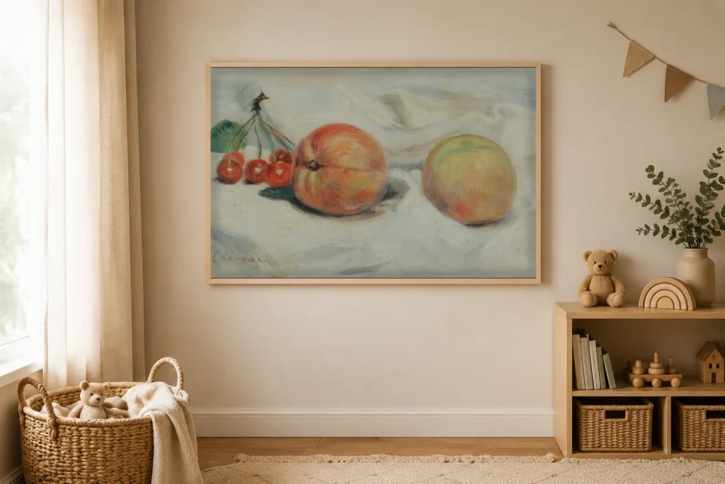 Framed print of Peaches and Cherries hanging on a wall in a furnished room