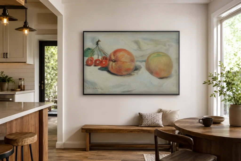 Framed print of Peaches and Cherries hanging on a wall in a furnished room