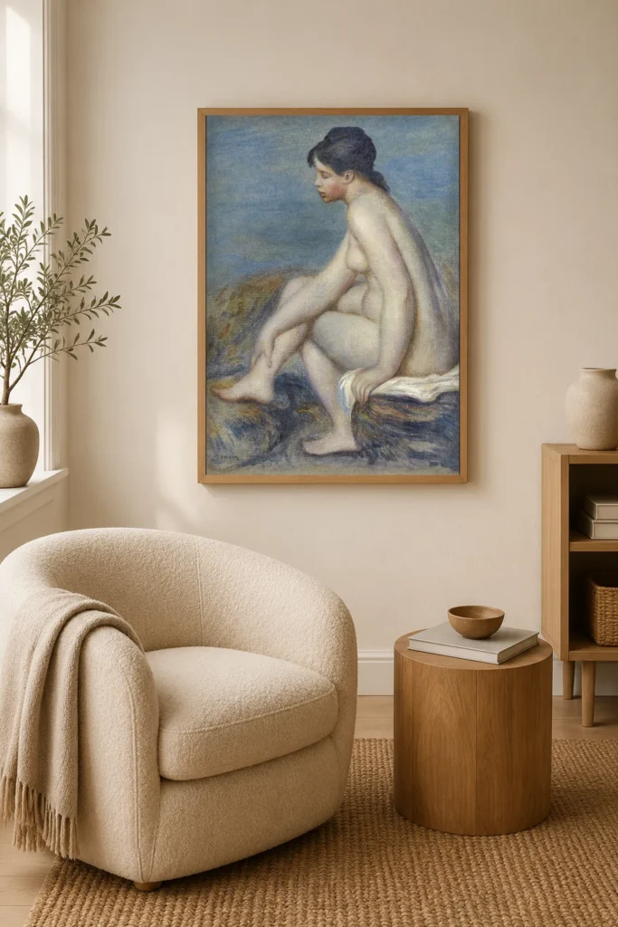 Framed print of Bather (Seated) hanging on a wall in a furnished room