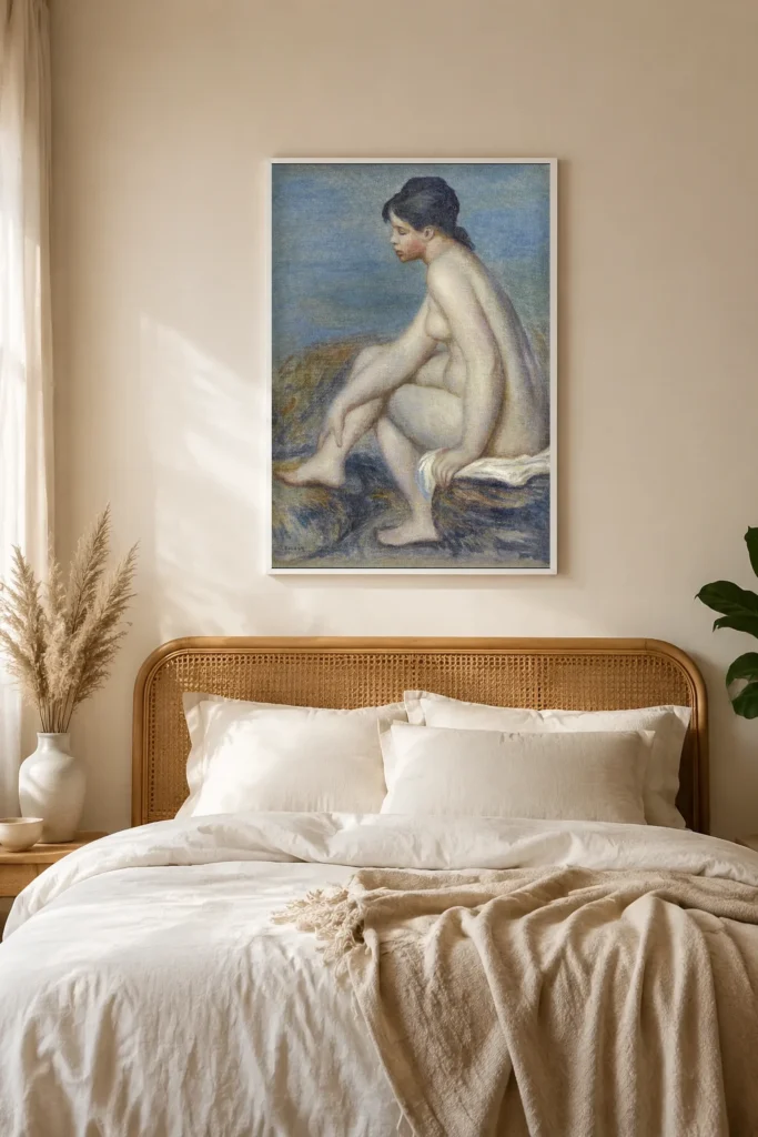 Framed print of Bather (Seated) hanging on a wall in a furnished room