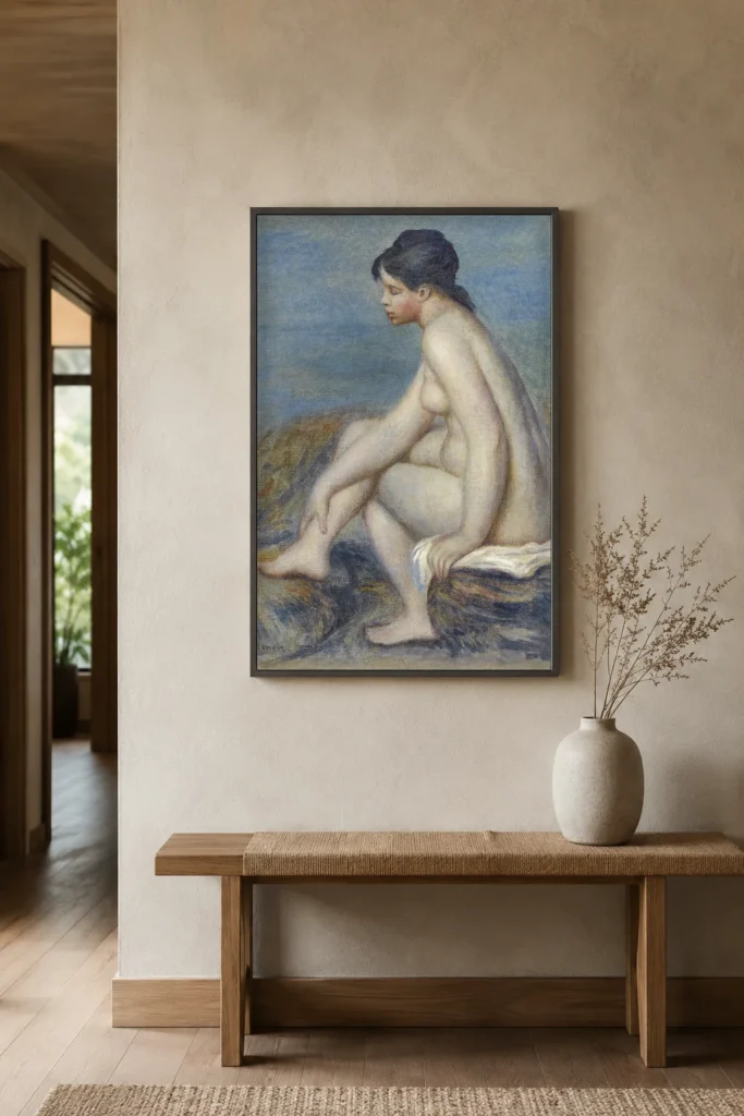 Framed print of Bather (Seated) hanging on a wall in a furnished room