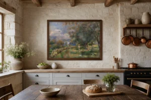Framed print of Peninsula of Saint-Jean (Presqu’île de Saint-Jean) hanging on a wall in a furnished room
