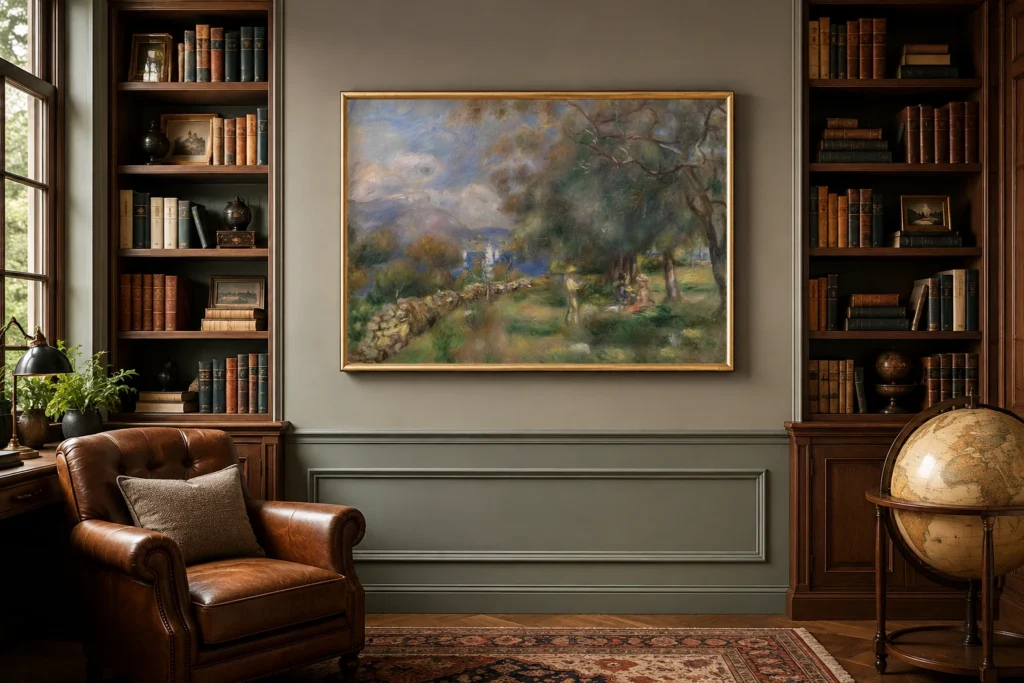 Framed print of Peninsula of Saint-Jean (Presqu’île de Saint-Jean) hanging on a wall in a furnished room
