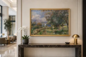 Framed print of Peninsula of Saint-Jean (Presqu’île de Saint-Jean) hanging on a wall in a furnished room