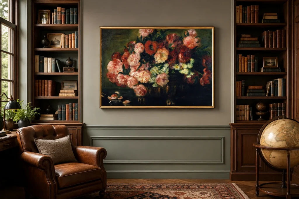 Framed print of Peonies in a vase hanging on a wall in a furnished room