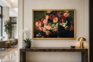 Framed print of Peonies in a vase hanging on a wall in a furnished room