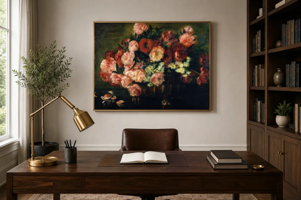Framed print of Peonies in a vase hanging on a wall in a furnished room