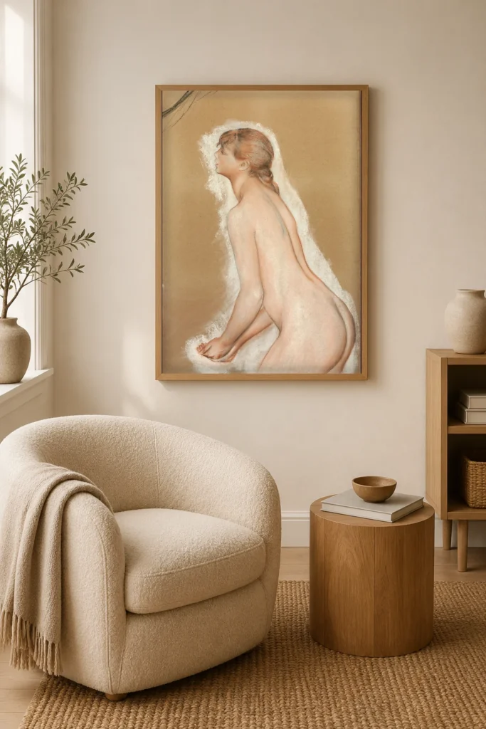 Framed print of Person Splashing (Study for The Large Bathers) hanging on a wall in a furnished room