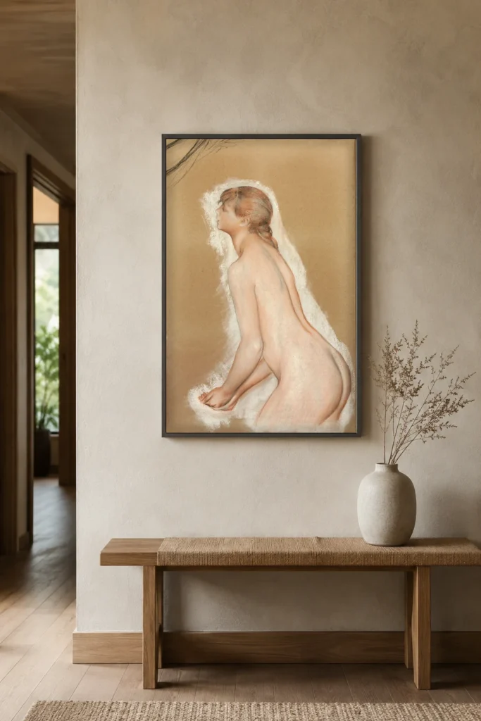 Framed print of Person Splashing (Study for The Large Bathers) hanging on a wall in a furnished room