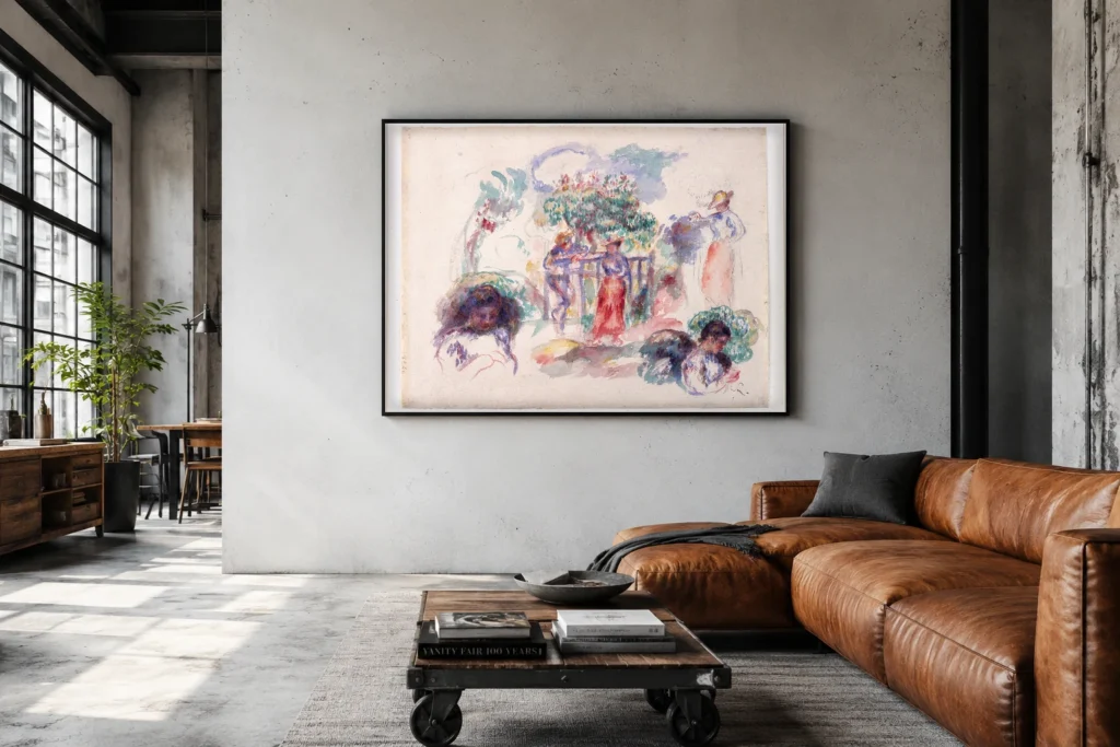 Framed print of Figures under a Tree hanging on a wall in a furnished room