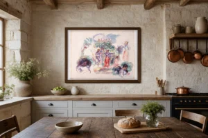 Framed print of Figures under a Tree hanging on a wall in a furnished room