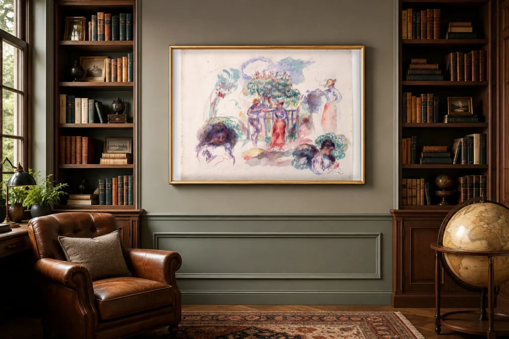 Framed print of Figures under a Tree hanging on a wall in a furnished room
