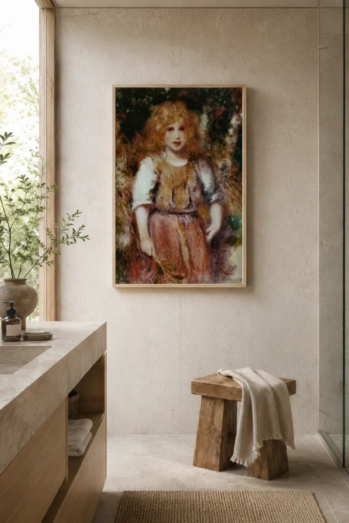 Framed print of Little Gypsy Girl hanging on a wall in a furnished room