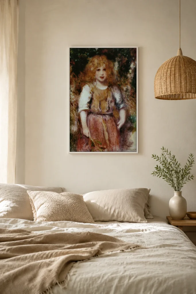Framed print of Little Gypsy Girl hanging on a wall in a furnished room