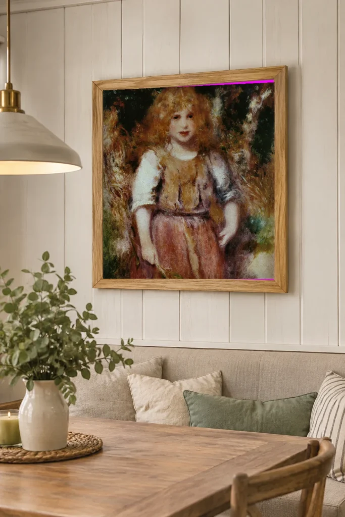 Framed print of Little Gypsy Girl hanging on a wall in a furnished room