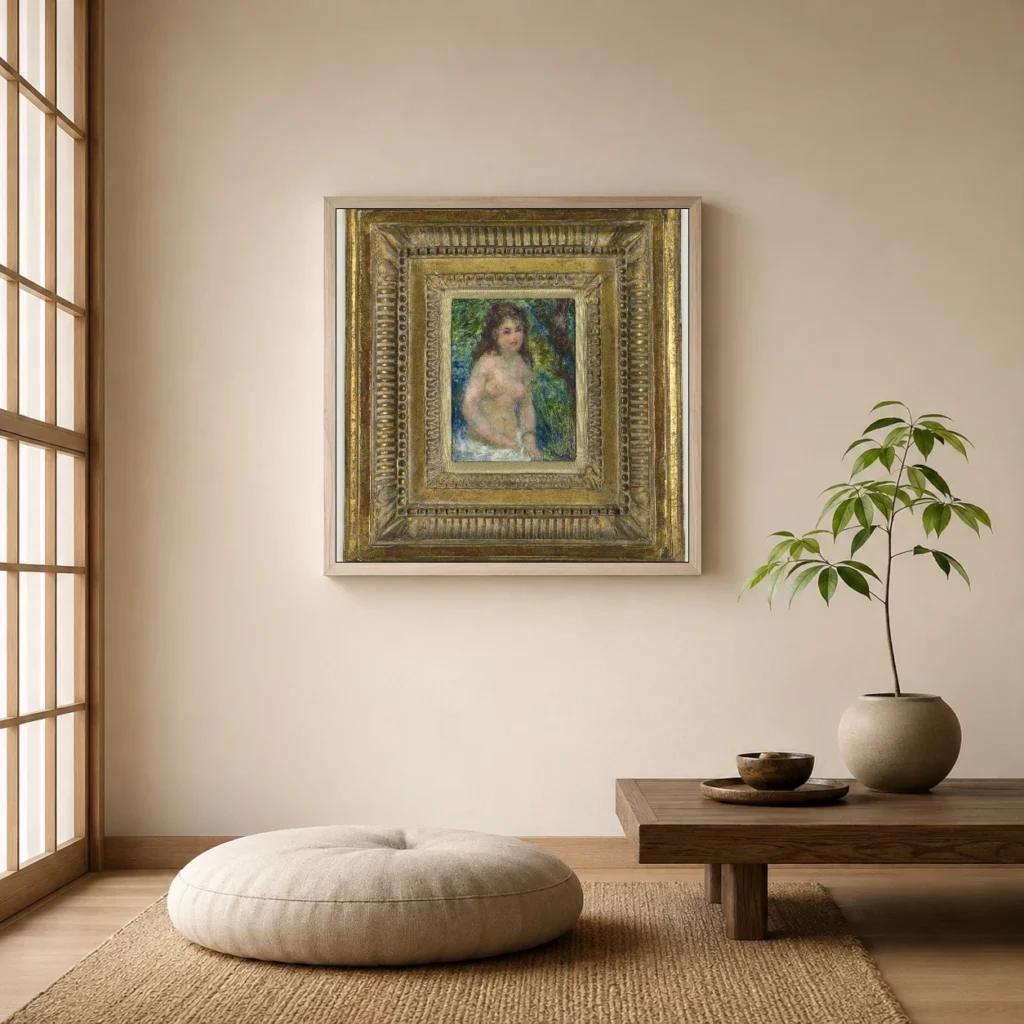 Framed print of Little Bather hanging on a wall in a furnished room